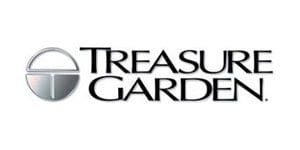 A black and white logo of the treasure garden company.