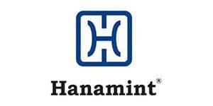 A blue and white logo of hanamint